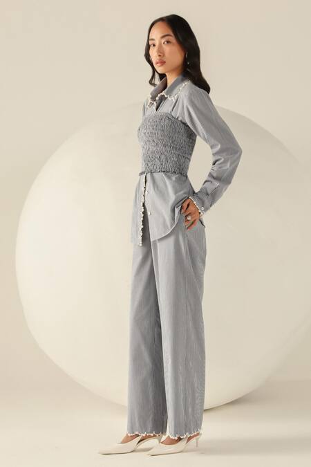 House Of Zeniaa Blue Cotton Pearls Square Neck Checks Carrie Pant Set Online at Aza Fashions House Of Zeniaa_Blue Cotton Pearls Square Neck Checks Carrie Pant Set_Online_at_Aza_Fashions