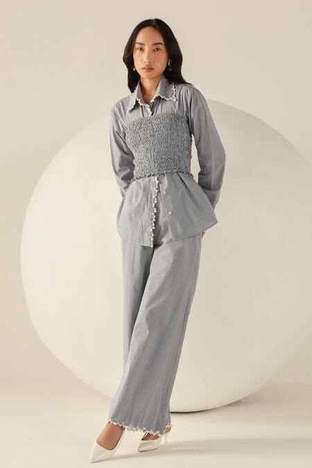 Buy House Of Zeniaa Blue Cotton Pearls Square Neck Checks Carrie Pant Set Online at Aza Fashions Buy_House Of Zeniaa_Blue Cotton Pearls Square Neck Checks Carrie Pant Set_Online_at_Aza_Fashions