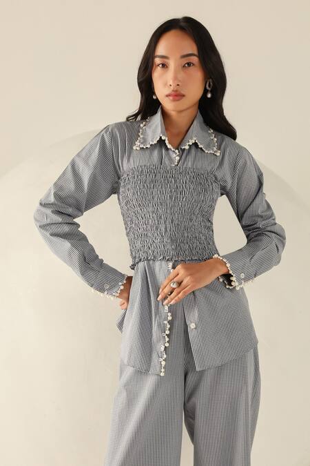 House Of Zeniaa Blue Cotton Pearls Square Neck Checks Carrie Pant Set at Aza Fashions House Of Zeniaa_Blue Cotton Pearls Square Neck Checks Carrie Pant Set_at_Aza_Fashions