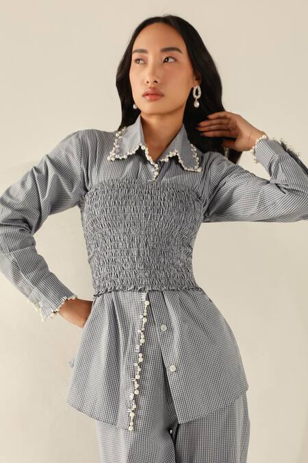 Buy House Of Zeniaa Blue Cotton Pearls Square Neck Checks Carrie Pant Set Buy_House Of Zeniaa_Blue Cotton Pearls Square Neck Checks Carrie Pant Set