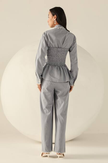 Shop House Of Zeniaa Blue Cotton Pearls Square Neck Checks Carrie Pant Set at Aza Fashions Shop_House Of Zeniaa_Blue Cotton Pearls Square Neck Checks Carrie Pant Set_at_Aza_Fashions