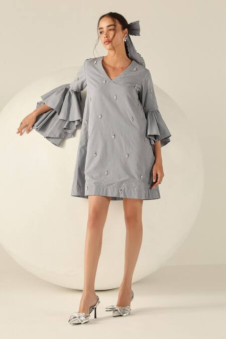 House Of Zeniaa_Blue Cotton Embroidery V-neck Leah Gingham Flared Sleeve Mini Dress_Online_at_Aza_Fashions