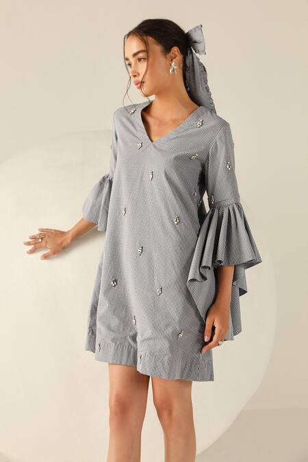 Shop_House Of Zeniaa_Blue Cotton Embroidery V-neck Leah Gingham Flared Sleeve Mini Dress_Online_at_Aza_Fashions