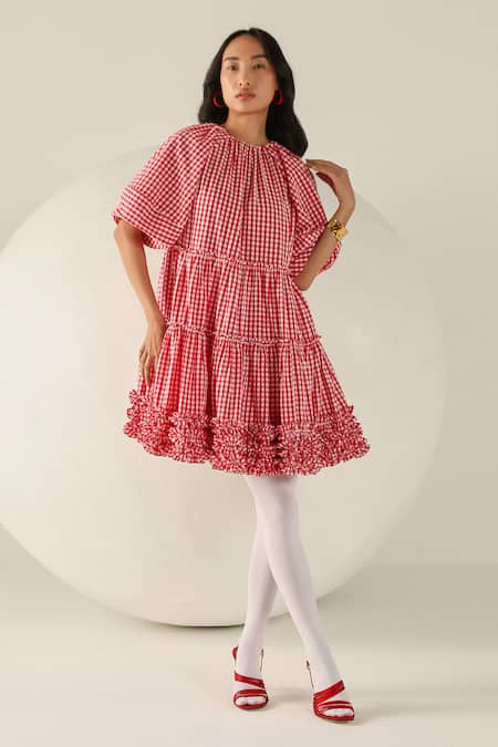 House Of Zeniaa Red Cotton Ruffles Round Neck Emily Gingham Dress 