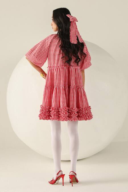 Shop House Of Zeniaa Red Cotton Ruffles Round Neck Emily Gingham Dress at Aza Fashions Shop_House Of Zeniaa_Red Cotton Ruffles Round Neck Emily Gingham Dress_at_Aza_Fashions