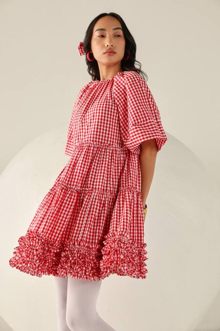 House Of Zeniaa Red Cotton Ruffles Round Neck Emily Gingham Dress Online at Aza Fashions House Of Zeniaa_Red Cotton Ruffles Round Neck Emily Gingham Dress_Online_at_Aza_Fashions