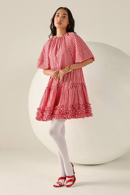 Buy House Of Zeniaa Red Cotton Ruffles Round Neck Emily Gingham Dress Online at Aza Fashions Buy_House Of Zeniaa_Red Cotton Ruffles Round Neck Emily Gingham Dress_Online_at_Aza_Fashions