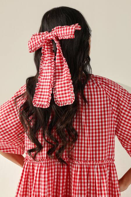 Shop House Of Zeniaa Red Cotton Ruffles Round Neck Emily Gingham Dress Online at Aza Fashions Shop_House Of Zeniaa_Red Cotton Ruffles Round Neck Emily Gingham Dress_Online_at_Aza_Fashions