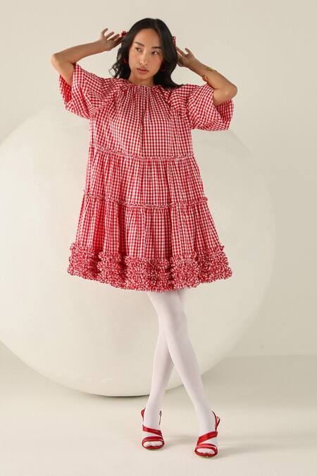 House Of Zeniaa Red Cotton Ruffles Round Neck Emily Gingham Dress at Aza Fashions House Of Zeniaa_Red Cotton Ruffles Round Neck Emily Gingham Dress_at_Aza_Fashions