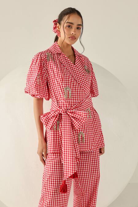 Buy House Of Zeniaa Red Cotton Embroidery V-neck Gingham Riley Pant Set Online at Aza Fashions Buy_House Of Zeniaa_Red Cotton Embroidery V-neck Gingham Riley Pant Set_Online_at_Aza_Fashions