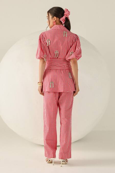 Shop House Of Zeniaa Red Cotton Embroidery V-neck Gingham Riley Pant Set at Aza Fashions Shop_House Of Zeniaa_Red Cotton Embroidery V-neck Gingham Riley Pant Set_at_Aza_Fashions