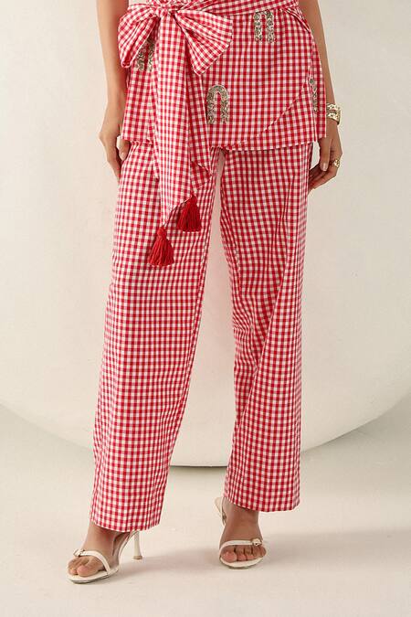 Shop House Of Zeniaa Red Cotton Embroidery V-neck Gingham Riley Pant Set Online at Aza Fashions Shop_House Of Zeniaa_Red Cotton Embroidery V-neck Gingham Riley Pant Set_Online_at_Aza_Fashions