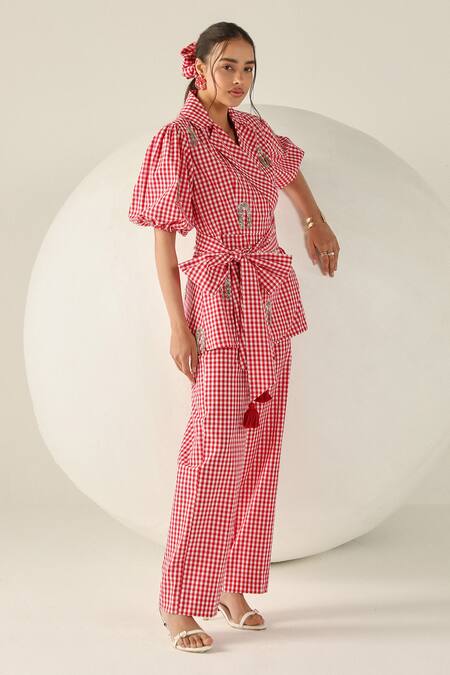 House Of Zeniaa Red Cotton Embroidery V-neck Gingham Riley Pant Set at Aza Fashions House Of Zeniaa_Red Cotton Embroidery V-neck Gingham Riley Pant Set_at_Aza_Fashions