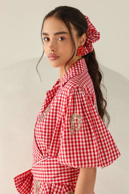 House Of Zeniaa_Red Cotton Embroidery, Tassels V-neck Riley And White Checkered Wrap Top_Online_at_Aza_Fashions