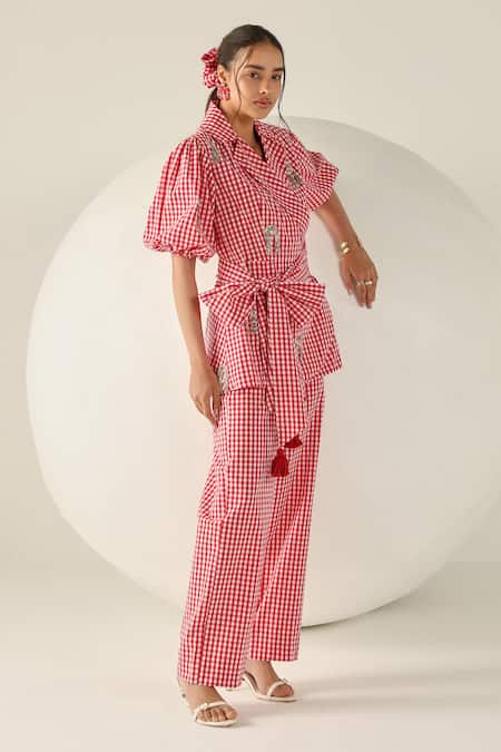 House Of Zeniaa Red Cotton Embroidery, Tassels V-neck Riley And White Checkered Wrap Top 