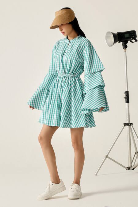 House Of Zeniaa_Green Cotton Round Neck Betty Checkered Layered Bell Sleeve Dress_Online_at_Aza_Fashions