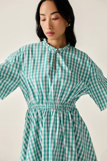 Buy_House Of Zeniaa_Green Cotton Round Neck Betty Checkered Layered Bell Sleeve Dress_Online_at_Aza_Fashions