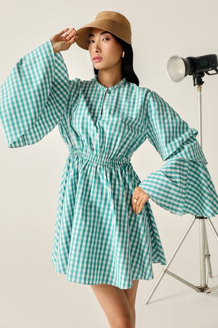 Shop_House Of Zeniaa_Green Cotton Round Neck Betty Checkered Layered Bell Sleeve Dress_Online_at_Aza_Fashions