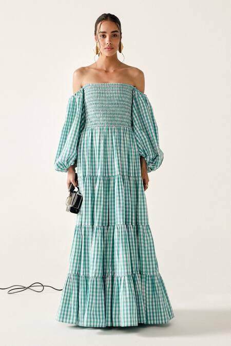 House Of Zeniaa_Green Cotton Off-shoulder Beth Gingham Maxi Dress_Online_at_Aza_Fashions