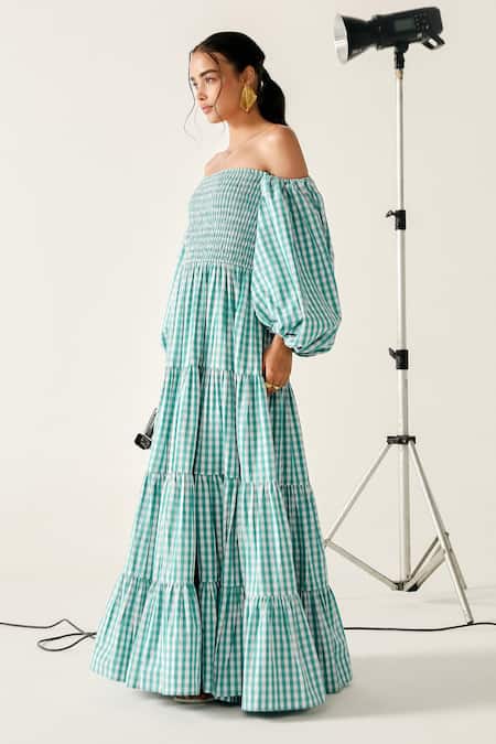 Buy_House Of Zeniaa_Green Cotton Off-shoulder Beth Gingham Maxi Dress_Online_at_Aza_Fashions