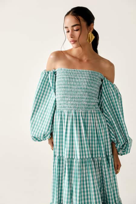 Shop_House Of Zeniaa_Green Cotton Off-shoulder Beth Gingham Maxi Dress_Online_at_Aza_Fashions