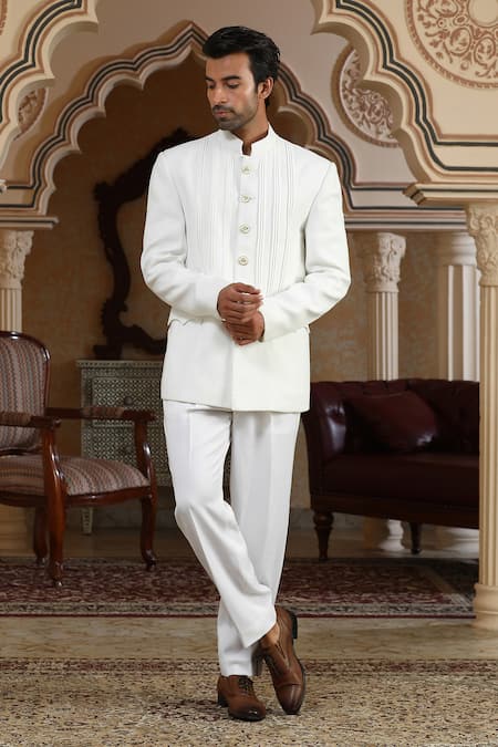 Kudrat Couture White Chand Saaz Bandhgala Set 
