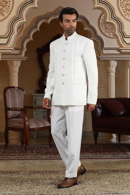 Buy_Kudrat Couture_White Chand Saaz Bandhgala Set _Online_at_Aza_Fashions