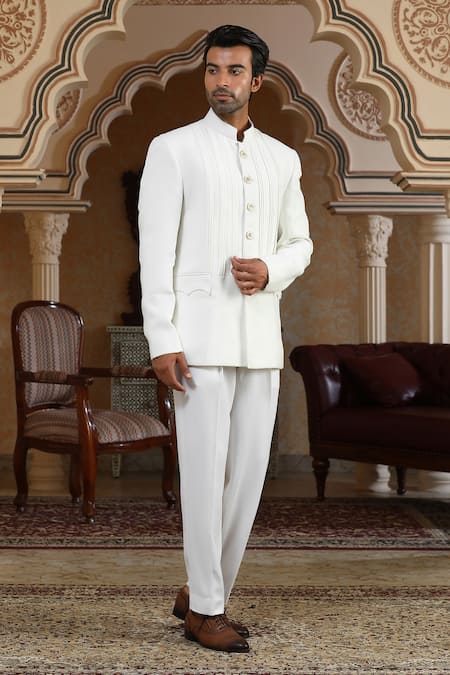 Shop_Kudrat Couture_White Chand Saaz Bandhgala Set _Online_at_Aza_Fashions