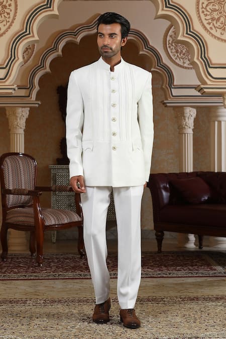 Kudrat Couture_White Chand Saaz Bandhgala Set _at_Aza_Fashions