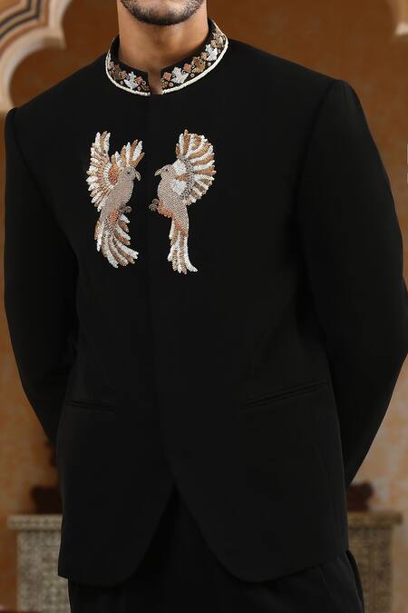 Kudrat Couture_Black Embroidery, Zari Baadal Paar Hand Bandhgala Set _Online_at_Aza_Fashions