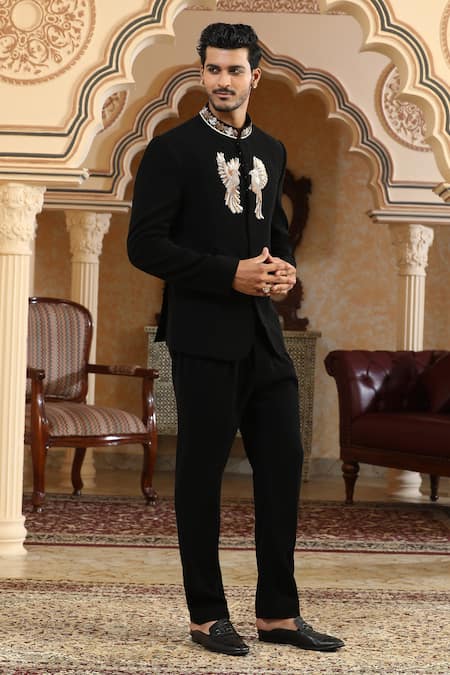 Buy_Kudrat Couture_Black Embroidery, Zari Baadal Paar Hand Bandhgala Set _Online_at_Aza_Fashions