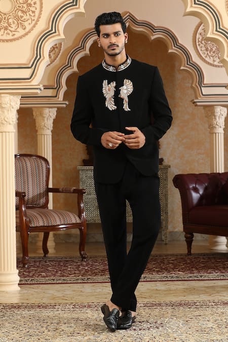 Shop_Kudrat Couture_Black Embroidery, Zari Baadal Paar Hand Bandhgala Set _Online_at_Aza_Fashions