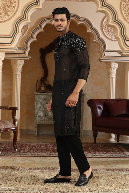 Kudrat Couture_Black Chiffon, Georgette Zari, Cut Work Sheer Embroidered Kurta _Online_at_Aza_Fashions