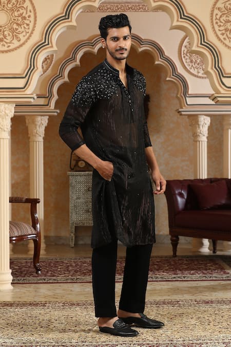 Buy_Kudrat Couture_Black Chiffon, Georgette Zari, Cut Work Sheer Embroidered Kurta _Online_at_Aza_Fashions