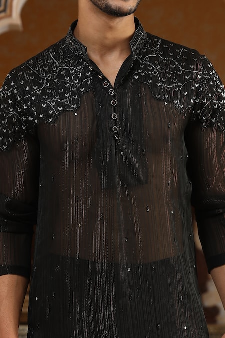 Shop_Kudrat Couture_Black Chiffon, Georgette Zari, Cut Work Sheer Embroidered Kurta _Online_at_Aza_Fashions