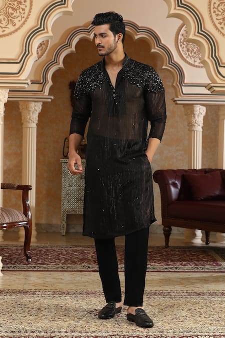 Kudrat Couture_Black Chiffon, Georgette Zari, Cut Work Sheer Embroidered Kurta _at_Aza_Fashions