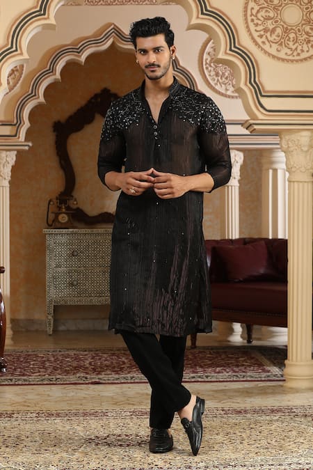 Kudrat Couture Black Chiffon, Georgette Zari, Cut Work Sheer Embroidered Kurta 