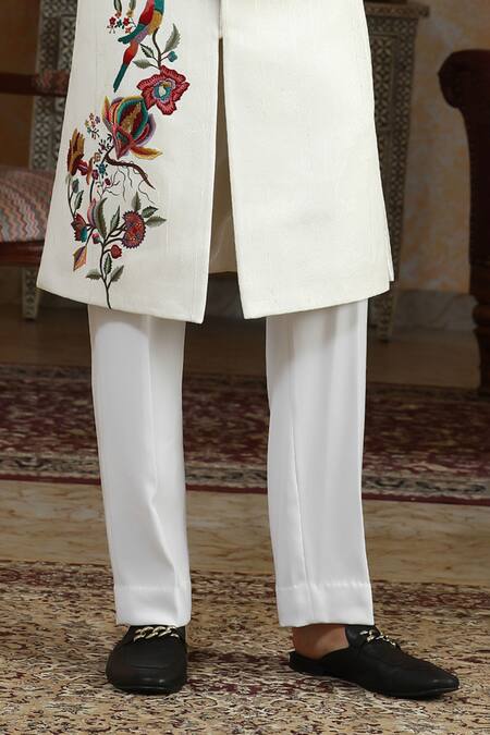 Kudrat Couture_White Jacquard Embroidery, Zari, Sequins, Pearls Rajphool Hand Sherwani Set _Online_at_Aza_Fashions