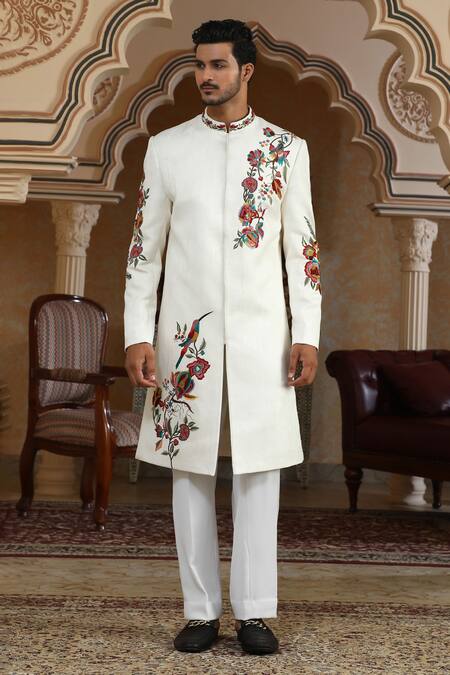 Buy_Kudrat Couture_White Jacquard Embroidery, Zari, Sequins, Pearls Rajphool Hand Sherwani Set _Online_at_Aza_Fashions