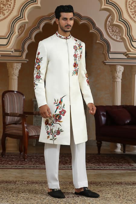Shop_Kudrat Couture_White Jacquard Embroidery, Zari, Sequins, Pearls Rajphool Hand Sherwani Set _Online_at_Aza_Fashions