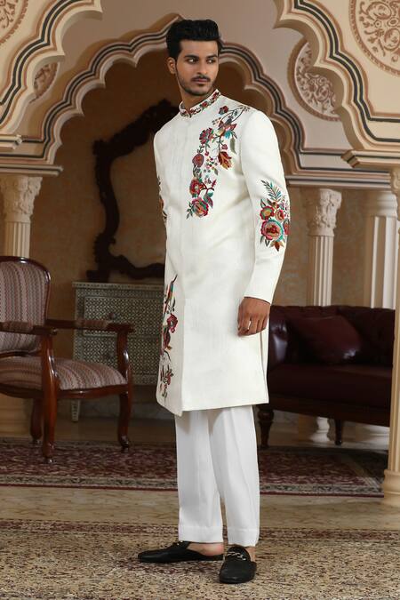 Kudrat Couture_White Jacquard Embroidery, Zari, Sequins, Pearls Rajphool Hand Sherwani Set _at_Aza_Fashions