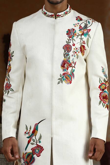 Buy_Kudrat Couture_White Jacquard Embroidery, Zari, Sequins, Pearls Rajphool Hand Sherwani Set 