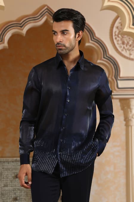 Kudrat Couture_Navy Viscose, Organza Pearls, Crystals, Cut Work, Van Raj Short Bandhgala Set _Online_at_Aza_Fashions