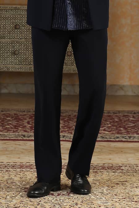 Shop_Kudrat Couture_Navy Viscose, Organza Pearls, Crystals, Cut Work, Van Raj Short Bandhgala Set _Online_at_Aza_Fashions