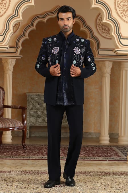 Shop_Kudrat Couture_Navy Viscose, Organza Pearls, Crystals, Cut Work, Van Raj Short Bandhgala Set 