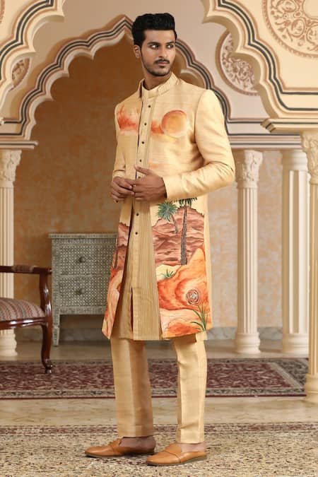 Kudrat Couture_Yellow Silk Zari, Sequins Desert Handpainted And Embroiderd Open Jacket Kurta Set _Online_at_Aza_Fashions