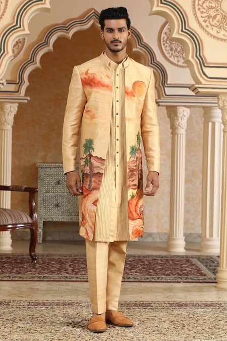 Kudrat Couture_Yellow Silk Zari, Sequins Desert Handpainted And Embroiderd Open Jacket Kurta Set _at_Aza_Fashions
