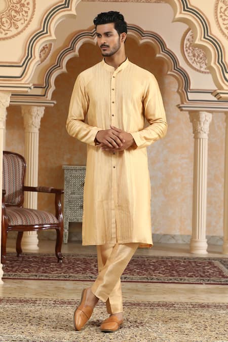 Buy_Kudrat Couture_Yellow Silk Zari, Sequins Desert Handpainted And Embroiderd Open Jacket Kurta Set 