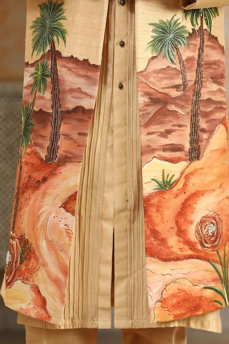 Shop_Kudrat Couture_Yellow Silk Zari, Sequins Desert Handpainted And Embroiderd Open Jacket Kurta Set 