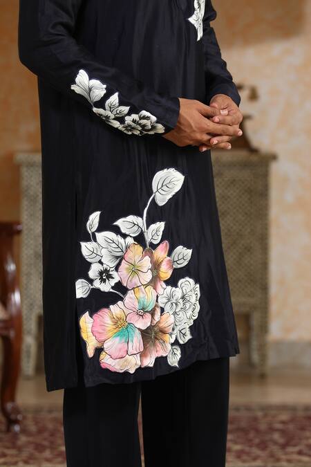 Kudrat Couture_Navy Chanderi Silk, Viscose Pearls, Handpainted Phoolkumar Embroidered Kurta Set _Online_at_Aza_Fashions